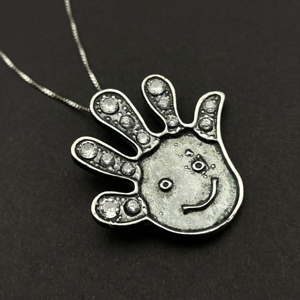 Sterling Silver Smiley Hand CZ‎ Pendant Necklace Fun Artisan Oxidized Silver